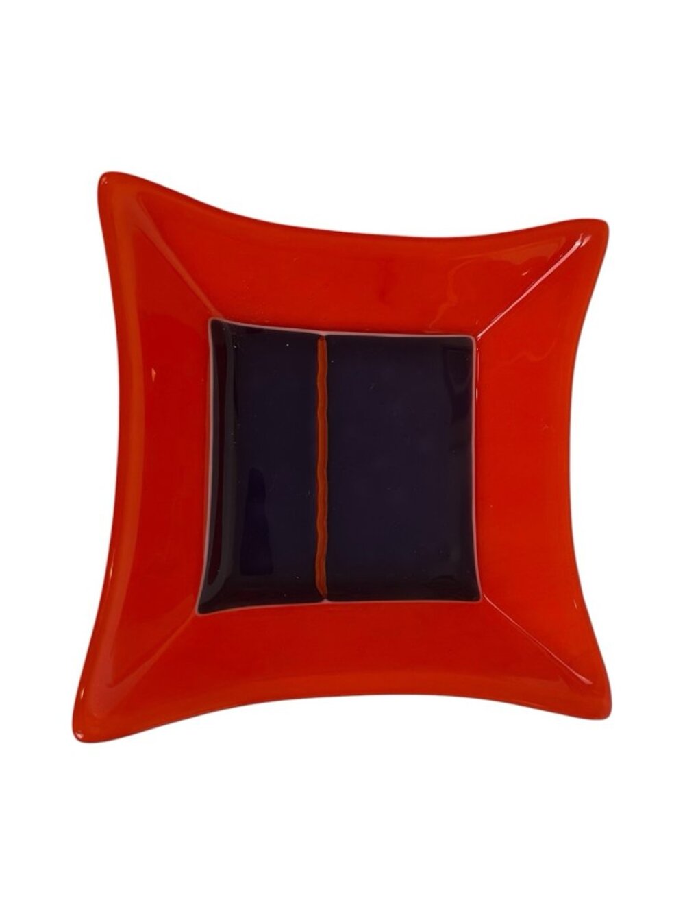 Abstract Fused Art Glass Orange Purple Square Serving Bowl Trinket Dish